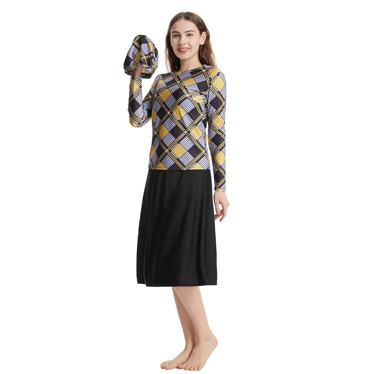 Elegant Islamic Women Swimsuits Long Sleeved Bodysuits+skirt+hat 3pcs