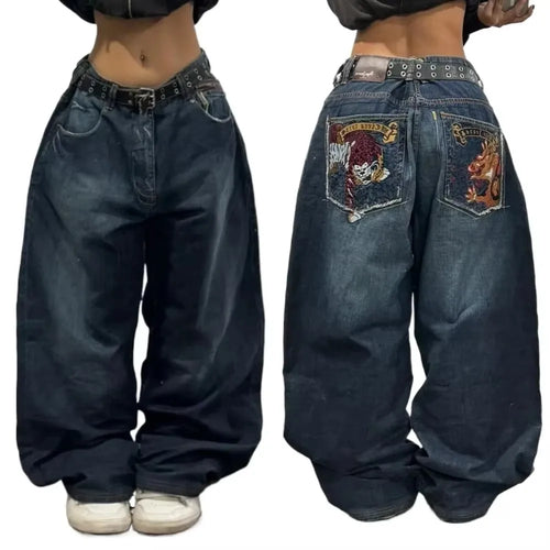 Japanese Kawaii Cartoon Characters Embroidered Light Blue Washed Baggy