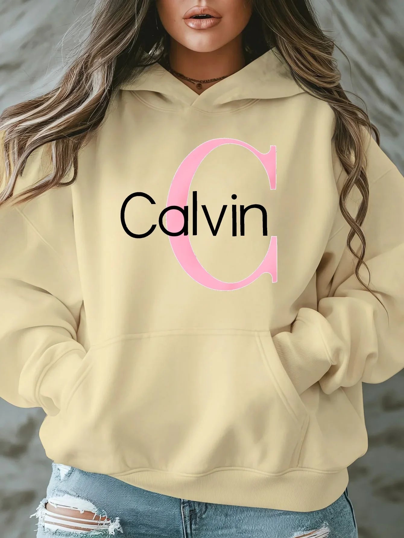 Calvin Graphic Hoodie Women's Plus Size "Calvin" Graphic Hoodie - Casual Long Sleeve Pullover with Pockets y2k clothes