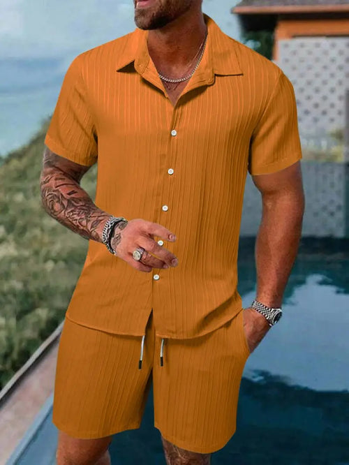 Men's beach suit striped solid color short sleeve shorts shirt Sports
