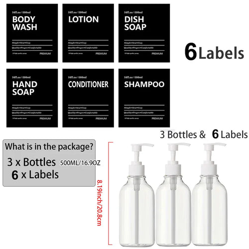 3 Pack 500ml Soap Dispenser With Labels Kitchen Bathroom Shampoo