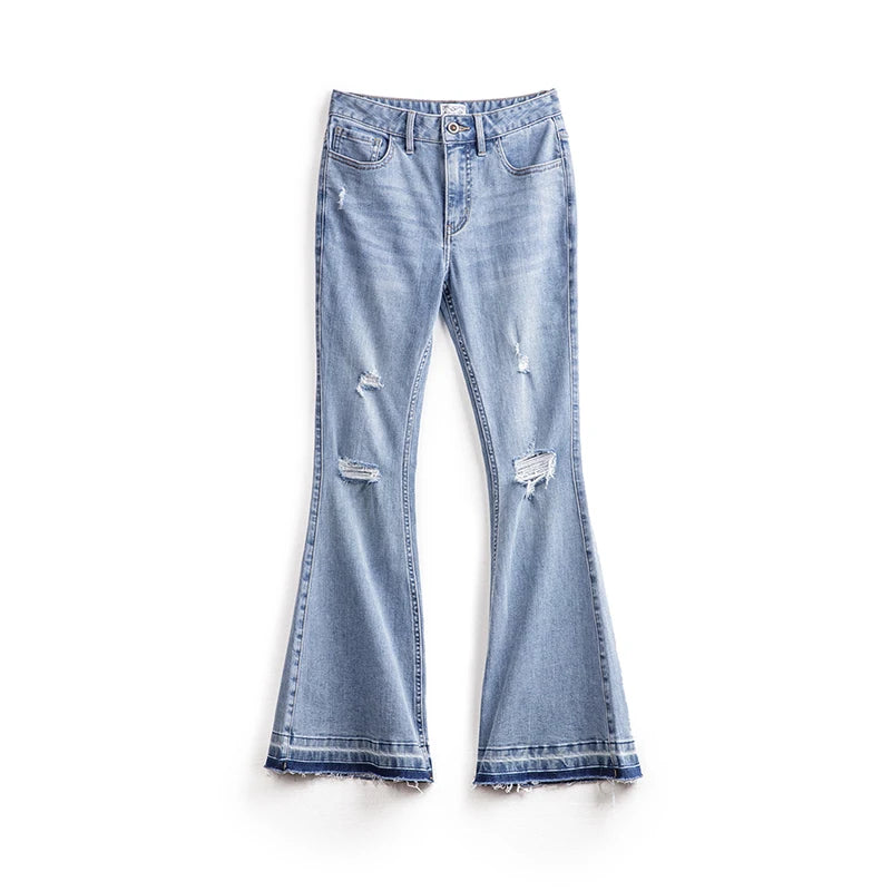 Maden Ripped Light Blue Bell-Bottom Jeans for Women Vintage Slim Pants