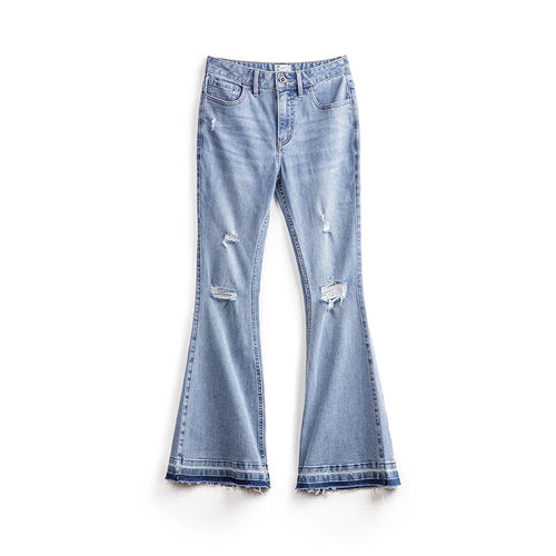 Maden Ripped Light Blue Bell-Bottom Jeans for Women Vintage Slim Pants