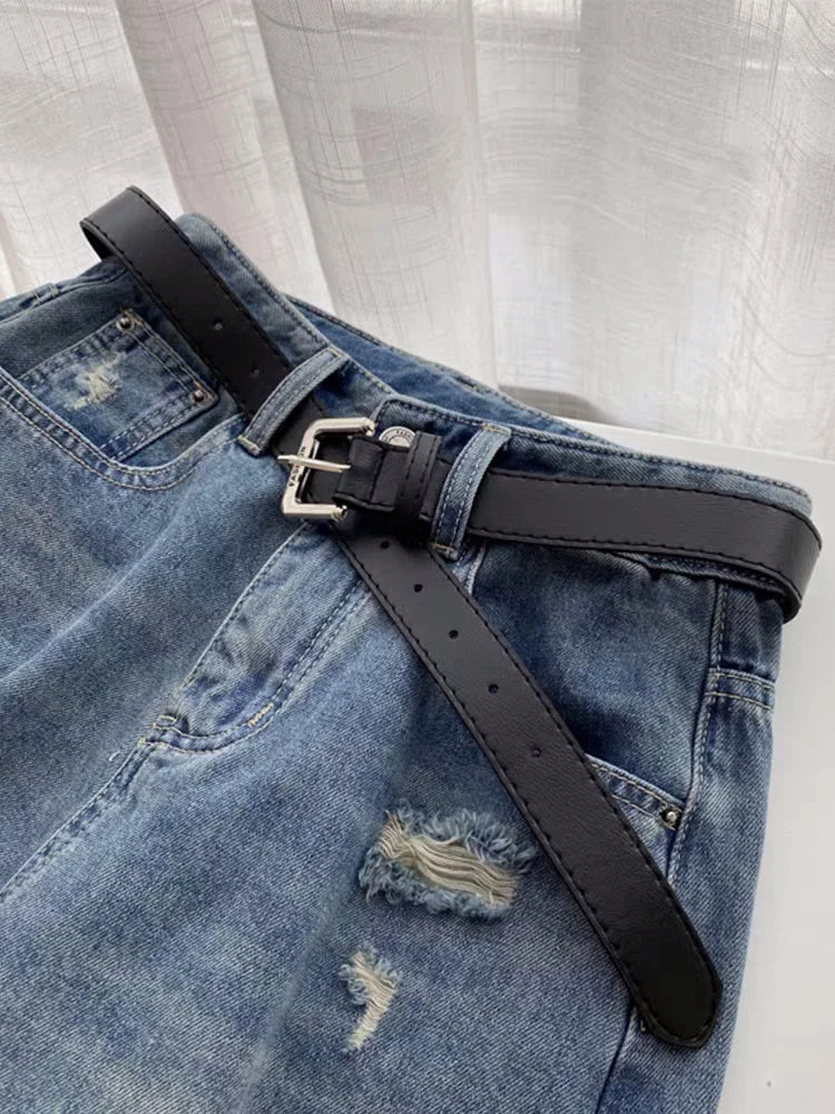 Fashion Holes Denim Shorts 2024 New Women's Summer A-line Wide Legs