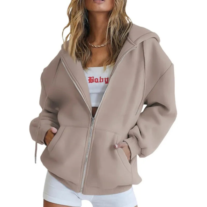 Fashion Gray Zip Up Sweatshirt Women Autumn Winter Jacket Clothes
