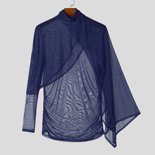 Fashion Sexy Style Tops INCERUN New Men's See-through Pleated T-shirt