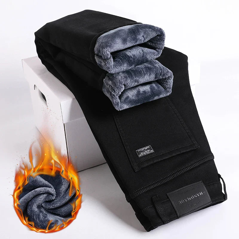 Winter Fleece Thick Warm Jeans Men's Slim Straight Elastic Denim Pants