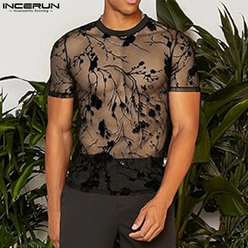 2023 Men T Shirt Mesh Striped O-neck Short Sleeve Transparent Men