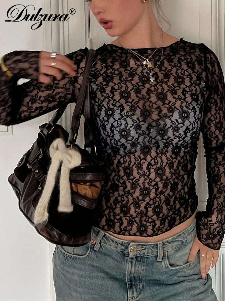 Dulzura Long Sleeves See Through Lace Crop Top Solid Sexy Bodycon