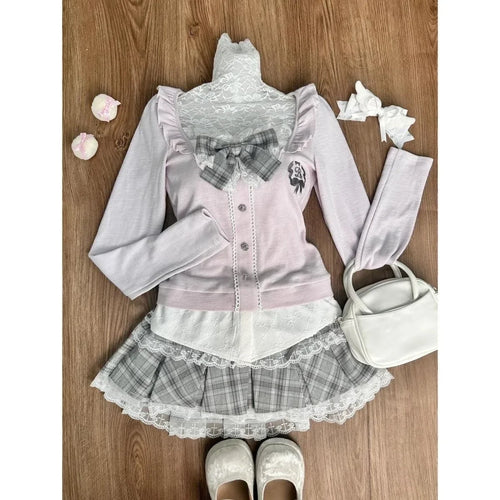 Vintage 3 Piece Skirt Suit Women Kawaii Ruffles Cardigan Outwear