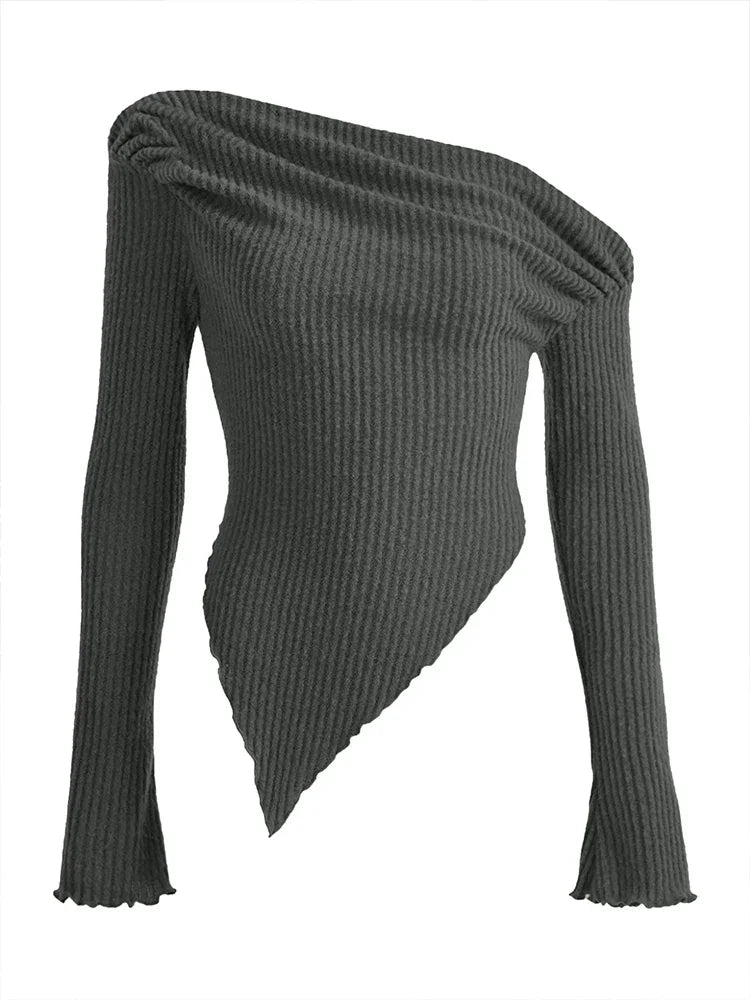 Sexy Asymmetrical Tees Women T-shirt Solid New Autumn Streetwear Long