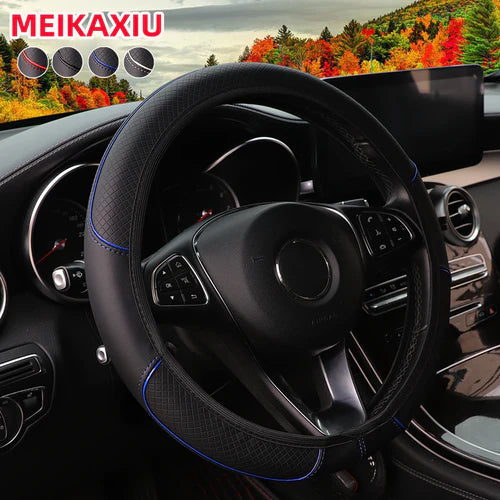 A leather embosed red blue strip trim car without inner ring steering