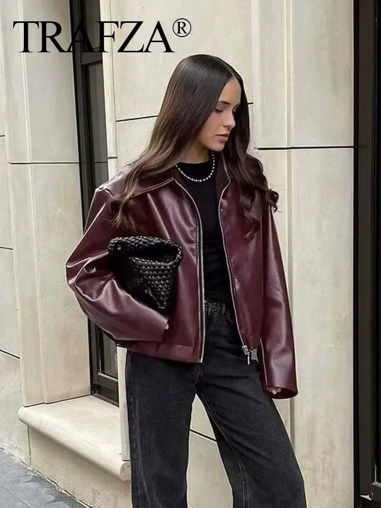 TRAFZA Wine Red Faux Leather Jakcet Fashion Outerwear Thicken Zipper