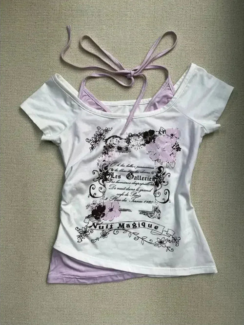 Vintage Fake Two Piece Halter Lace Up T-shirts Y2k Slim Fit Print Tops