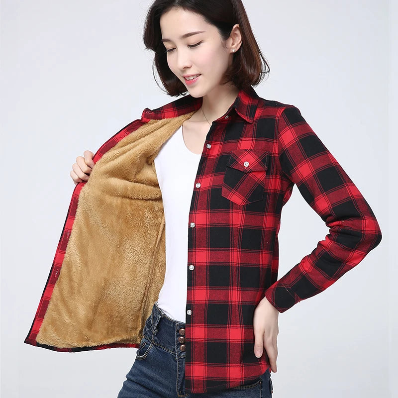 2023 Winter New Plus Thick Women's Warm Plaid Shirt Coat Lady Casual