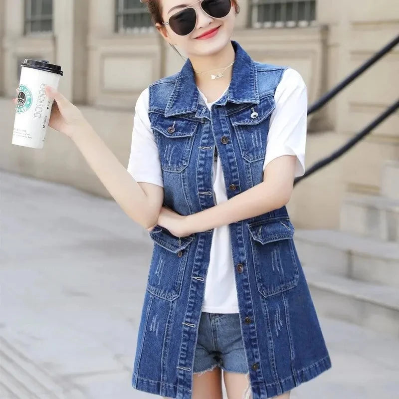 Women's Denim Vests 2025 Spring Summer Ripped Long Hole Jeans