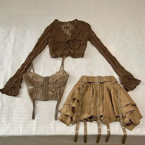Harajuku Vintage Fashion 3 Piece Set Woman Short Cardigan + Slim Vest