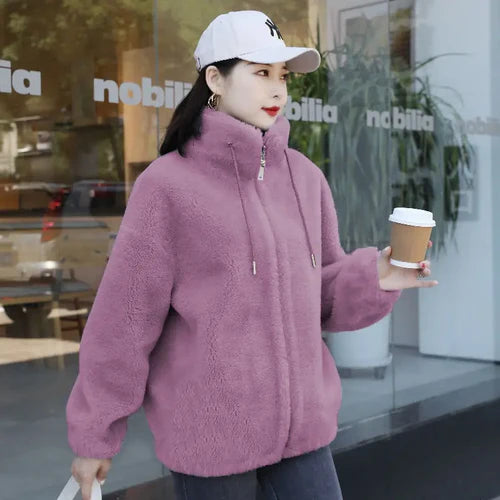 Women Winter Double Coral Fleece Warm Coat Stand Collar Plush Thick