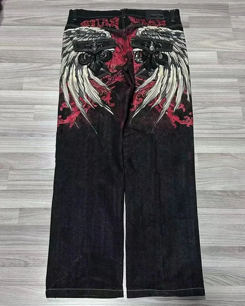 Y2K Men blue letter printed jeans high-end fashion hip-hop trend