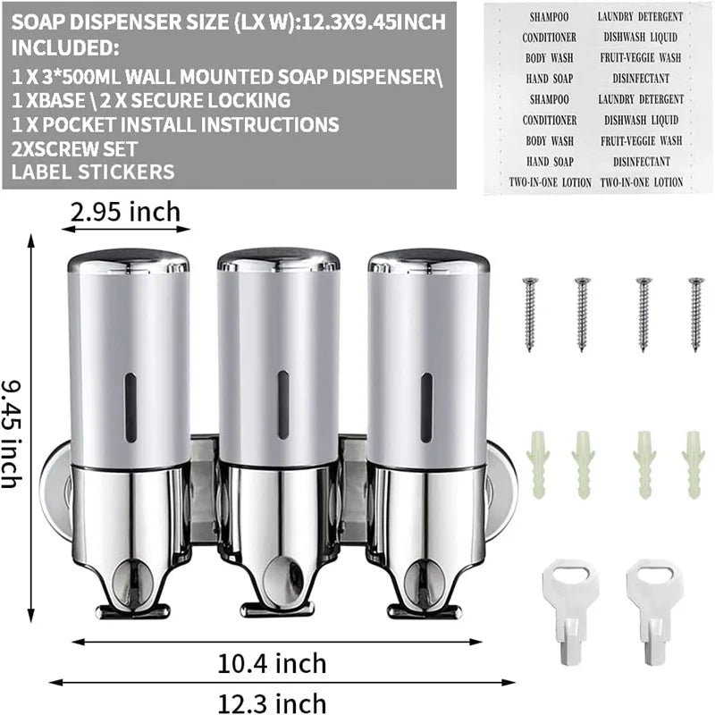 Manual Liquid Soap Dispensers double/triple 500ml Wall Mounted Shampoo