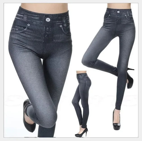 Women Leggings 2023 Fashion Faux Denim Jeans Leggings Sexy Long Pocket