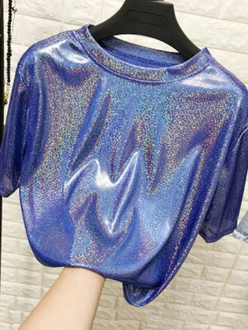 summer woman tops shiny loose short sleeve t-shirt sexy club aesthetic
