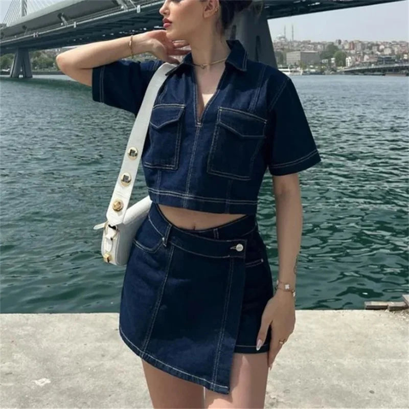 TRAF Blue Denim Shirt Woman Short Sleeve Cropped Shirt Women Summer