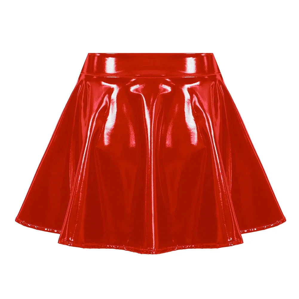 Women's A Line Skirt Glossy Patent Leather Flared Miniskirt Dance