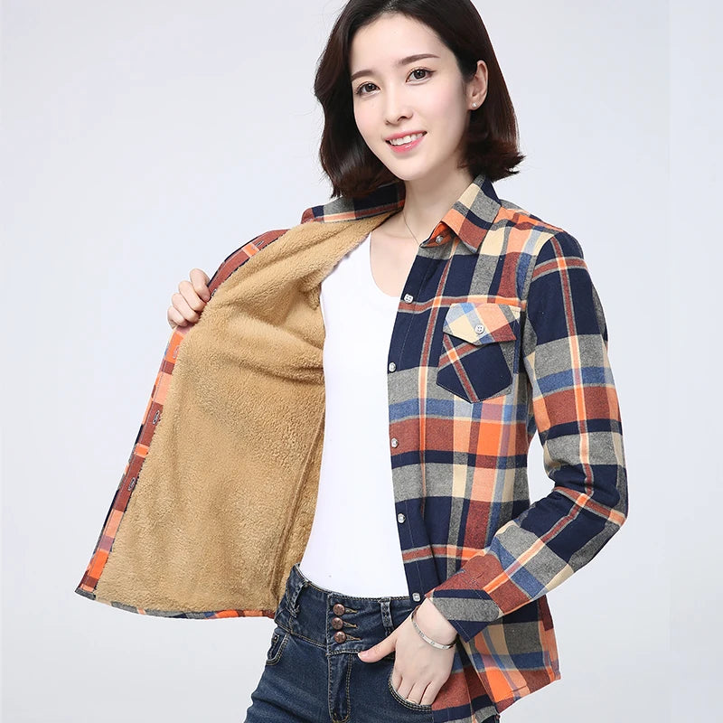 2023 Winter New Plus Thick Women's Warm Plaid Shirt Coat Lady Casual