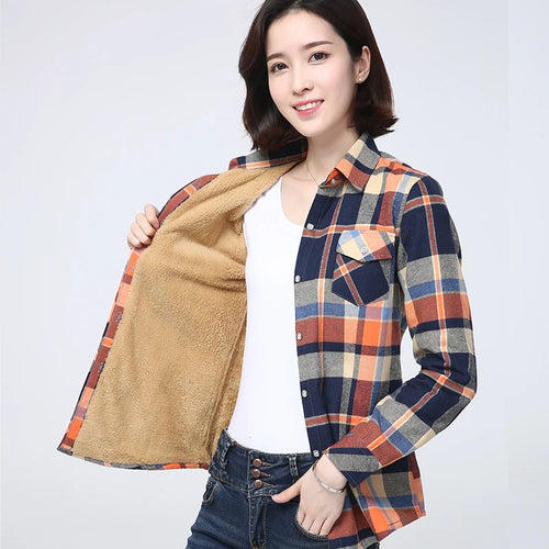 2023 Winter New Plus Thick Women's Warm Plaid Shirt Coat Lady Casual