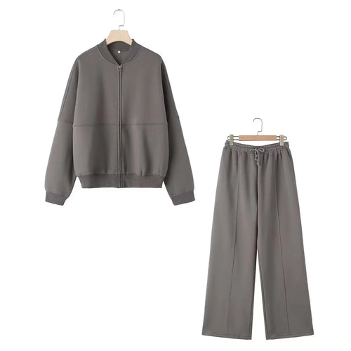 TRAFZA Women's 2-piece Retro Solid Color Zipper Bomber Jacket