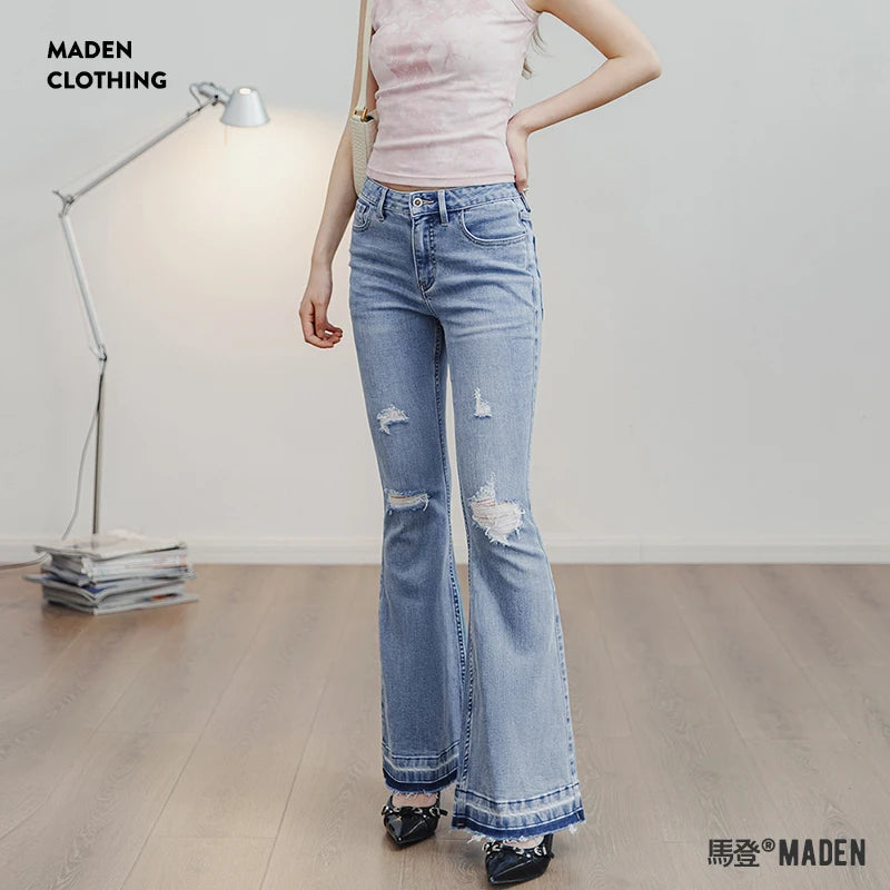 Maden Ripped Light Blue Bell-Bottom Jeans for Women Vintage Slim Pants