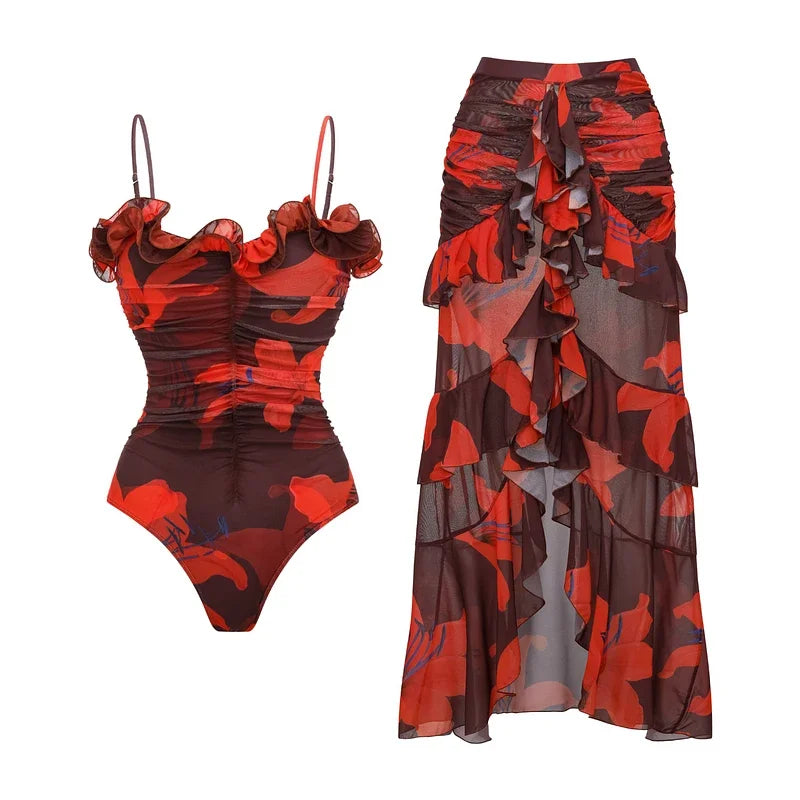 Sexy Swimsuit Women Bikini Set Lily Contrast Print Fabric Patchwork Skirt Push Up Swimsuit Biquini Bodysuit Bathing Suits