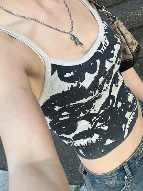 Gothic Portrait Print T-shirt Aesthetic Y2K Crop Tops Short Sleevle