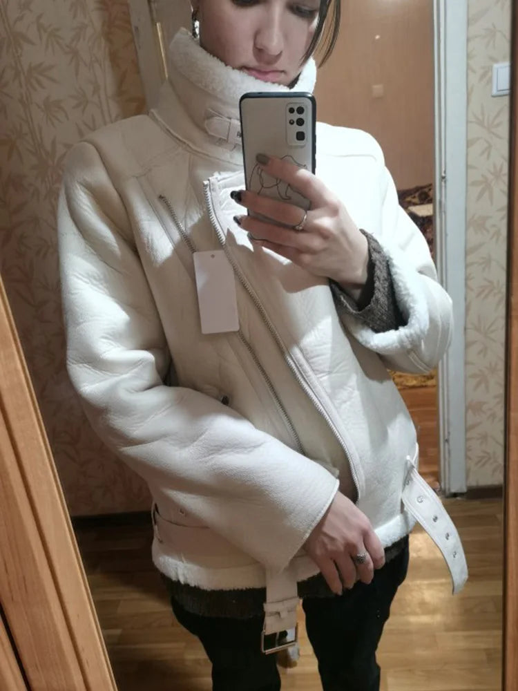 Ailegogo Winter Coats Women Thickness Faux Leather Fur Sheepskin