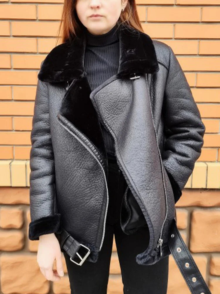 Ailegogo Winter Coats Women Thickness Faux Leather Fur Sheepskin