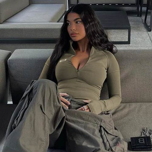 Y2k Long Sleeve T Shirt Women Stand Collar Skinny Zip Crop Tops