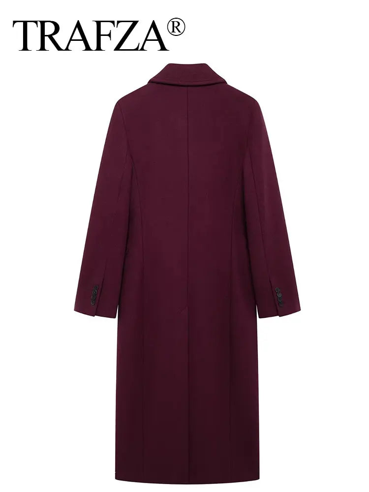 TRAFZA Women Fashion Burgundy Woolen Coat Double Breasted Long Sleeve
