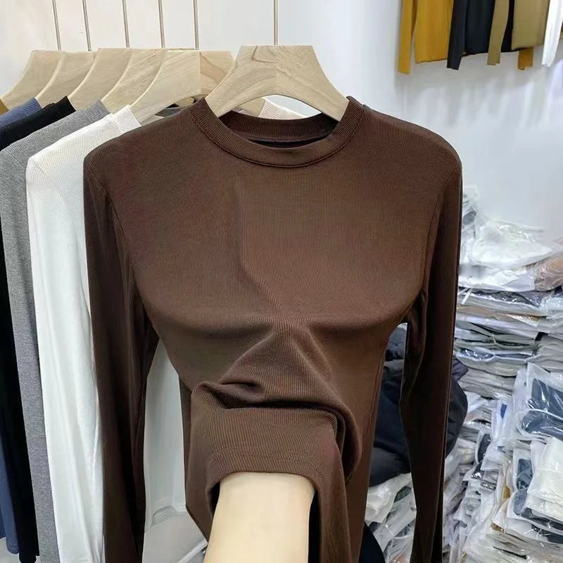 Autumn Office Lady Basic O-Neck Slim T-Shirt Women Solid Multi Color