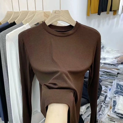 Autumn Office Lady Basic O-Neck Slim T-Shirt Women Solid Multi Color