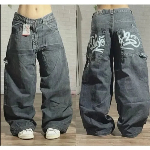 Japanese Kawaii Cartoon Characters Embroidered Light Blue Washed Baggy