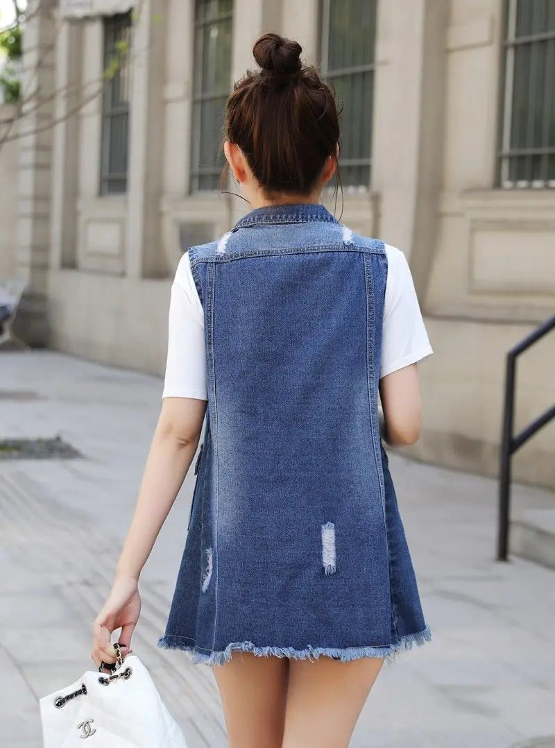Women's Denim Vests 2025 Spring Summer Ripped Long Hole Jeans