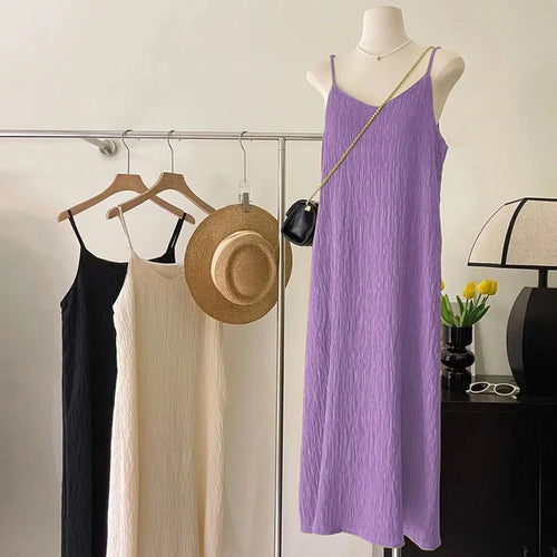 Office Lady Sleeveless Pleated Midi Dress Women Size S-XL Pink Purple