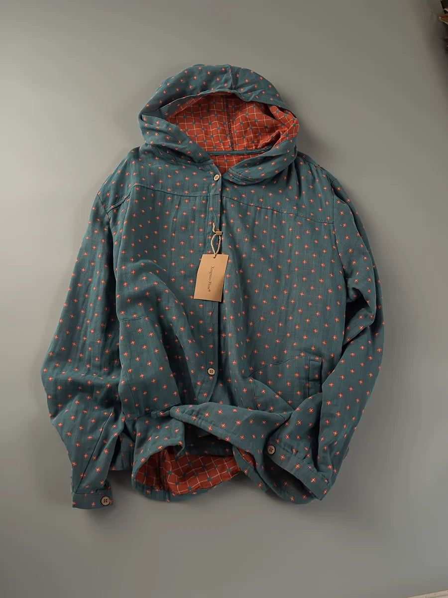 100% Cotton Yarn Loose Hooded Plaid Shirts for Women Autumn Spring