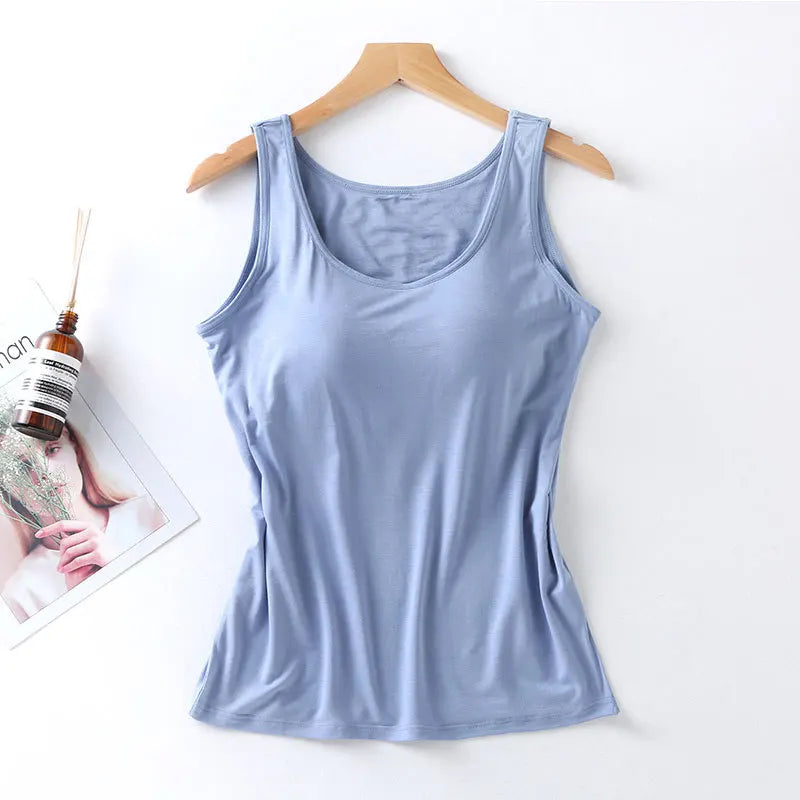 2025 Women's Vest Tops With Built In Bra Neck Vest Padded Slim Fit