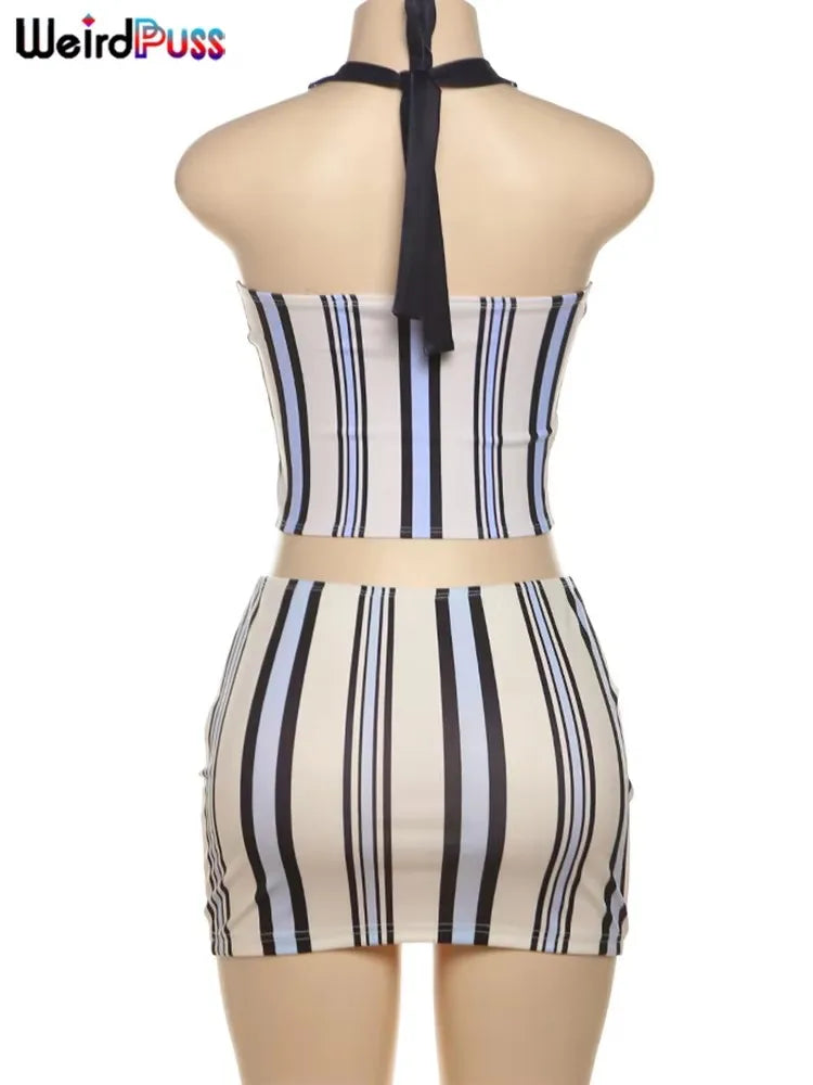 Weird Puss Stripe Print Women 2 Piece Set Summer Backless Low-Neck