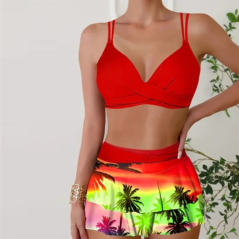 Women's Hanging Neck Straps Sunset Coconut Print Two Piece Swimsuit