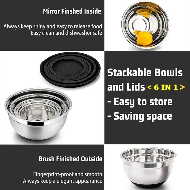 6-piece Set Mixing Bowls with Lids and Non Slip Bases Stainless Steel