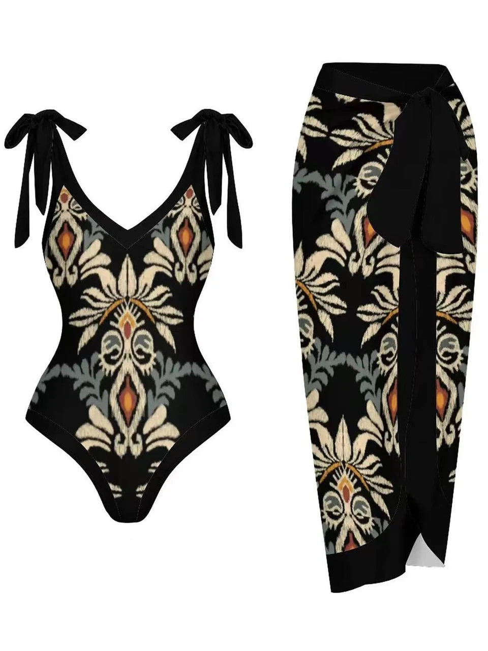 Vintage V Neck Swimsuit With Beach Dress Women 2024 One Piece Print