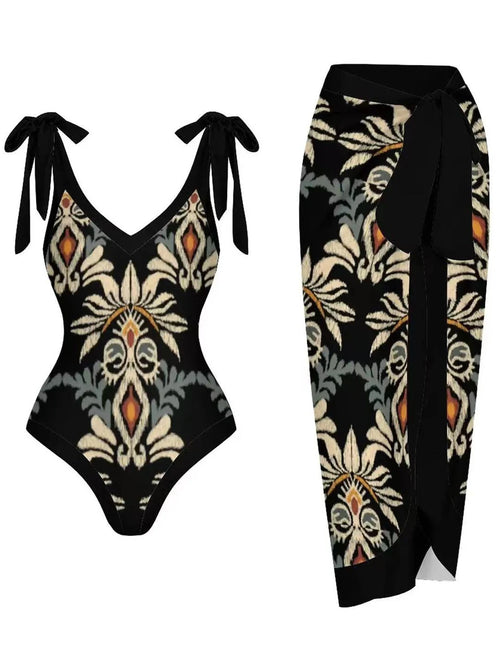 Vintage V Neck Swimsuit With Beach Dress Women 2024 One Piece Print